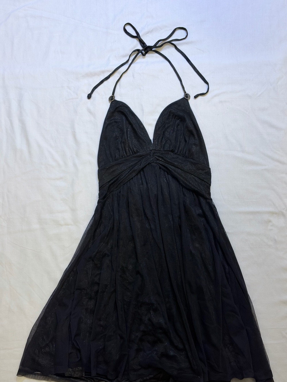 vintage-inspired Express black sparkly mesh halter mini dress | size S